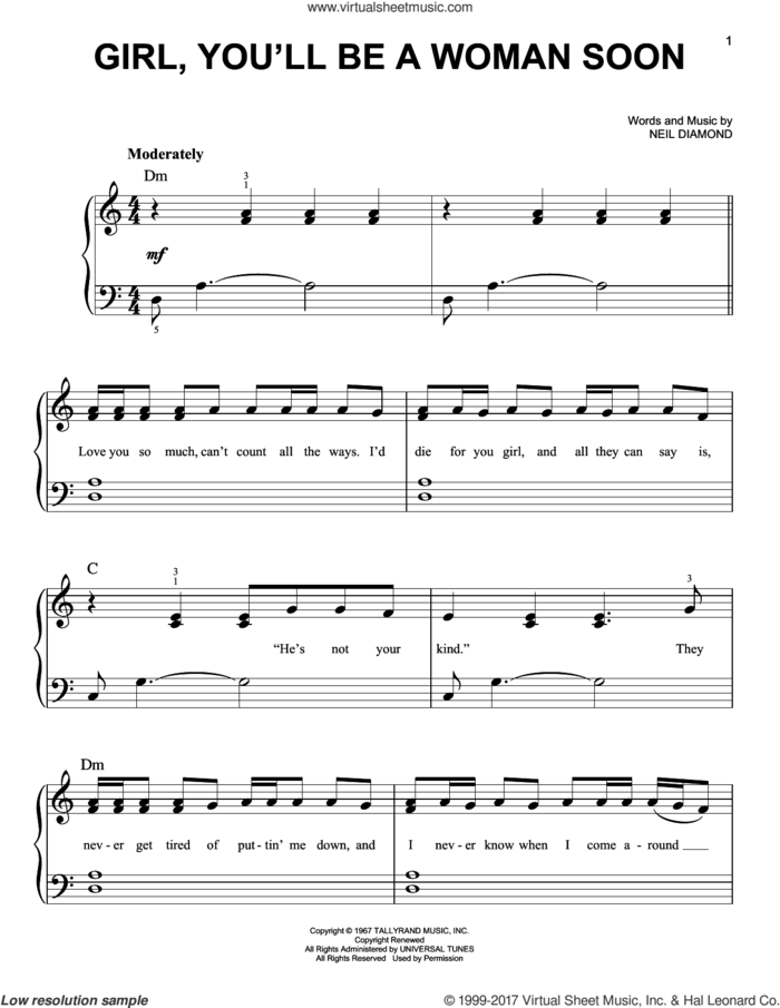 Girl, You'll Be A Woman Soon sheet music for piano solo by Neil Diamond and Urge Overkill, easy skill level