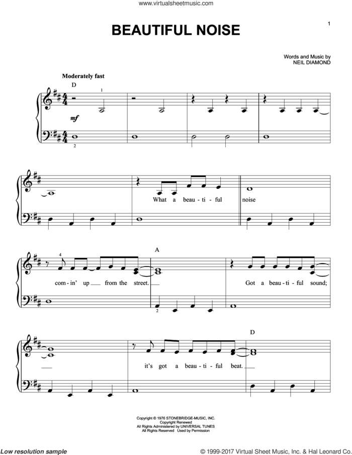 Beautiful Noise sheet music for piano solo by Neil Diamond, easy skill level