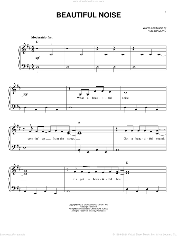 Beautiful Noise sheet music for piano solo by Neil Diamond, easy skill level