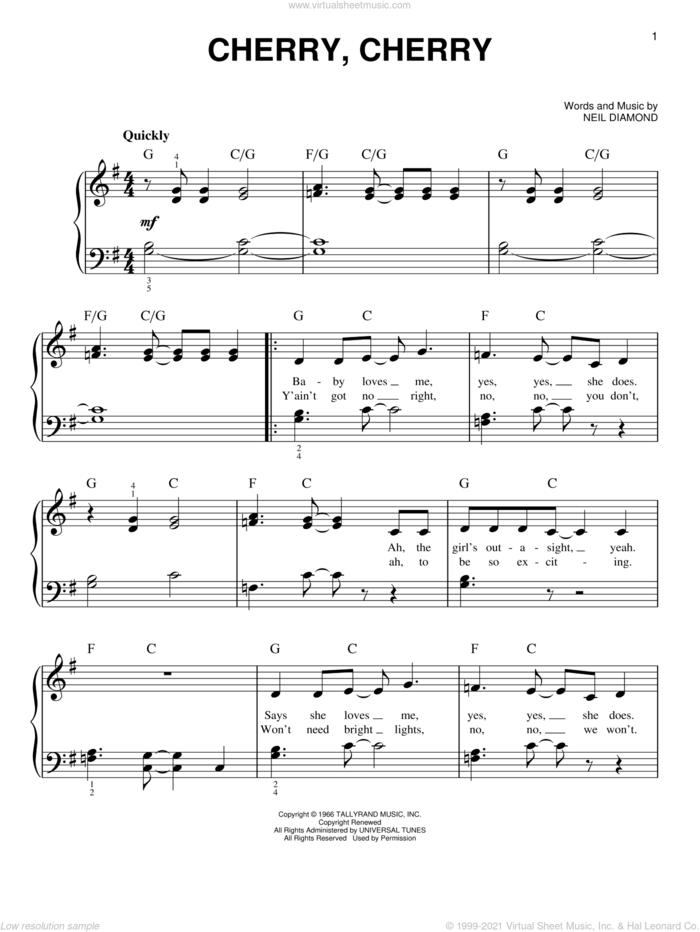 Cherry, Cherry sheet music for piano solo by Neil Diamond, easy skill level