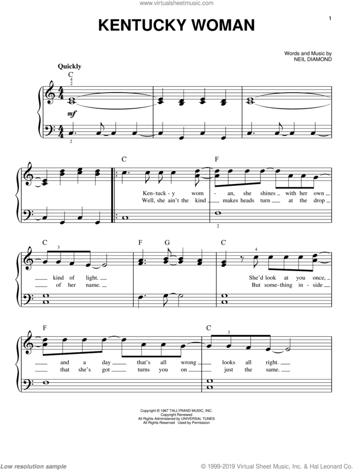 Kentucky Woman sheet music for piano solo by Neil Diamond, easy skill level
