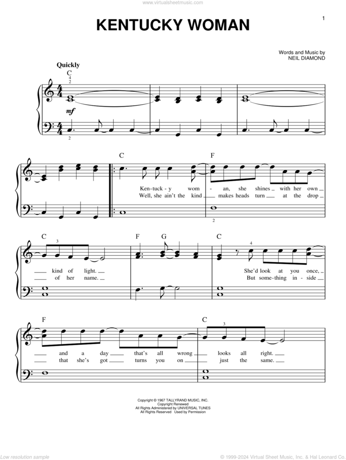 Kentucky Woman sheet music for piano solo by Neil Diamond, easy skill level