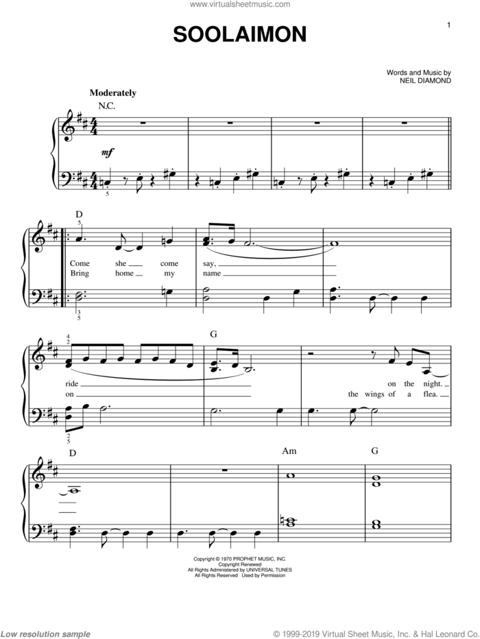 Soolaimon sheet music for piano solo by Neil Diamond, easy skill level