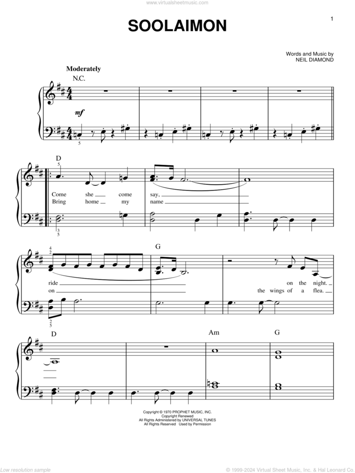 Soolaimon sheet music for piano solo by Neil Diamond, easy skill level