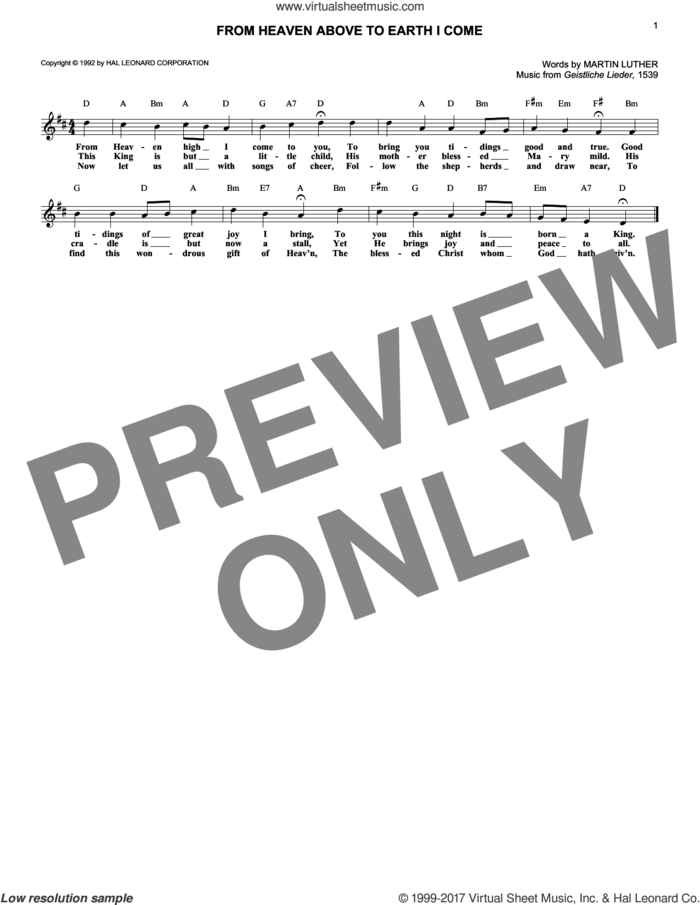From Heaven Above To Earth I Come sheet music for voice and other instruments (fake book) by Geistliche Lieder and Martin Luther, intermediate skill level