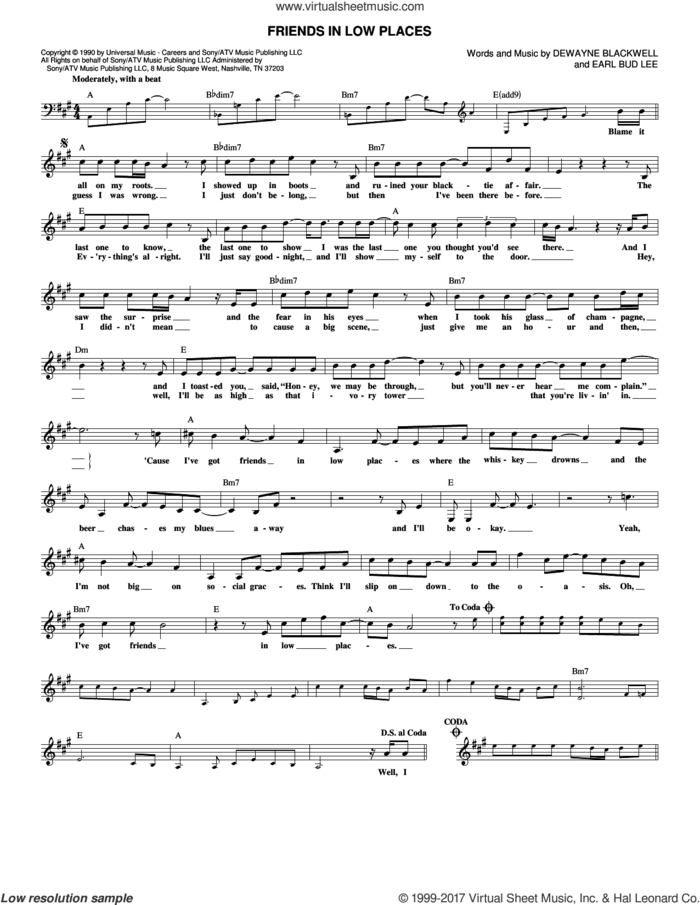 Friends In Low Places sheet music for voice and other instruments (fake book) by Garth Brooks, DeWayne Blackwell and Earl Bud Lee, intermediate skill level