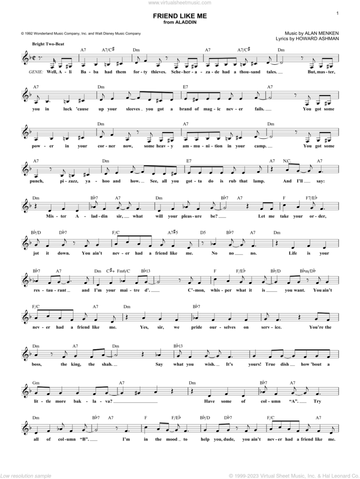 Friend Like Me (from Aladdin) sheet music for voice and other instruments (fake book) by Alan Menken, Alan Menken & Howard Ashman and Howard Ashman, intermediate skill level