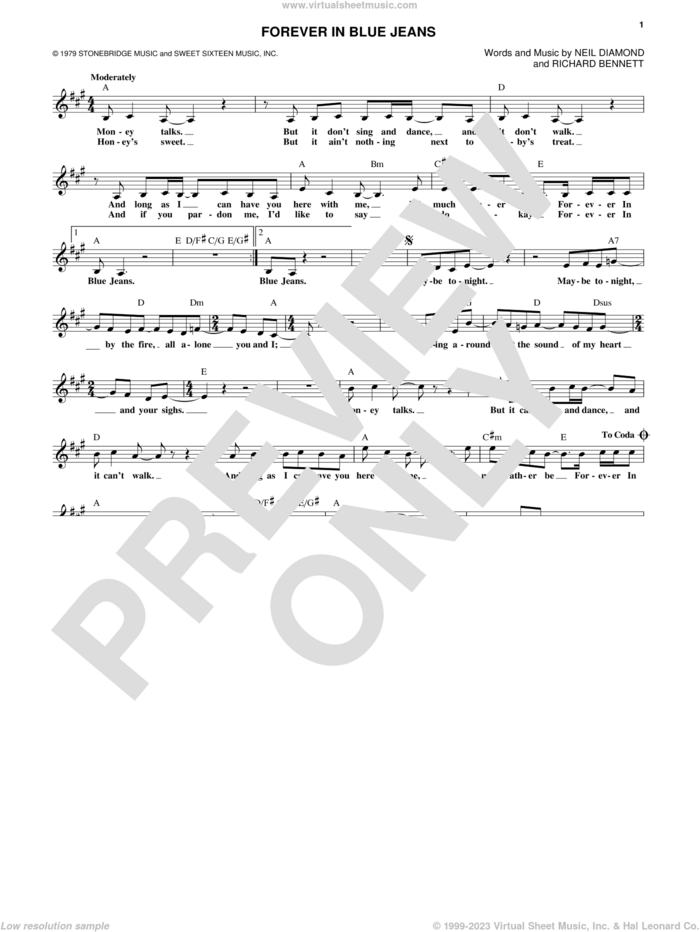 Forever In Blue Jeans sheet music for voice and other instruments (fake book) by Neil Diamond and Richard Bennett, intermediate skill level