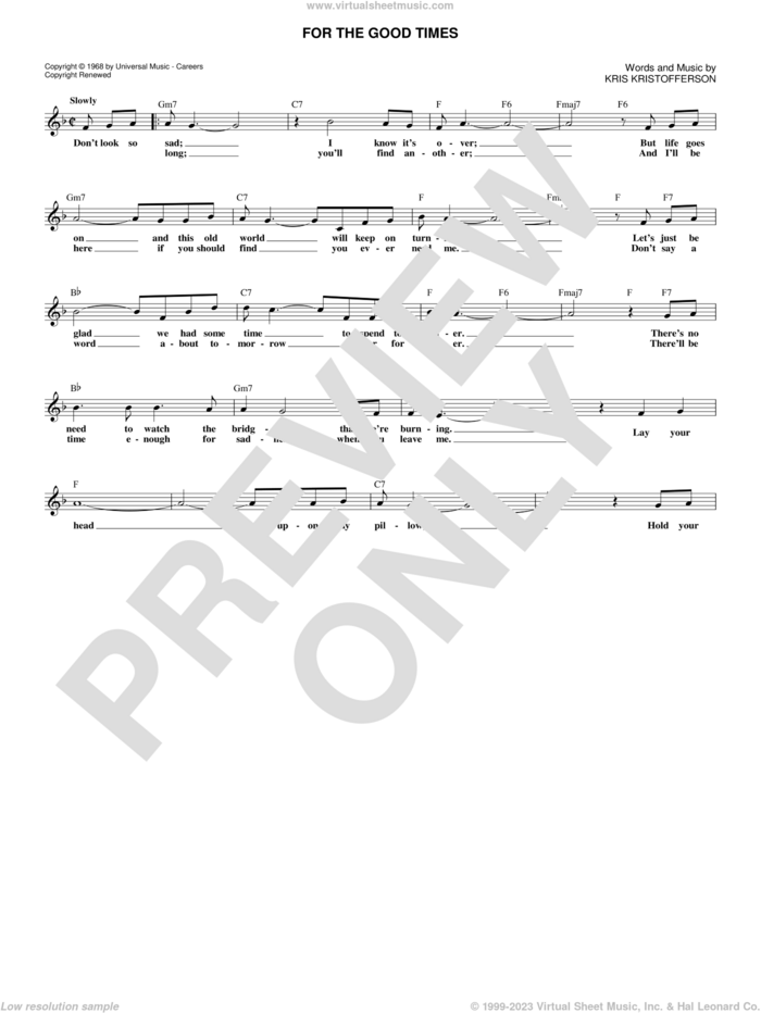 For The Good Times sheet music for voice and other instruments (fake book) by Kris Kristofferson, Elvis Presley and Ray Price, intermediate skill level