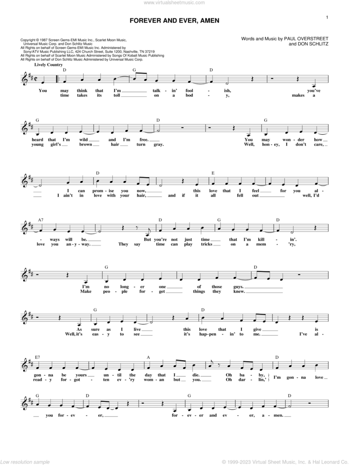 Forever And Ever, Amen sheet music for voice and other instruments (fake book) by Randy Travis, Don Schlitz and Paul Overstreet, intermediate skill level