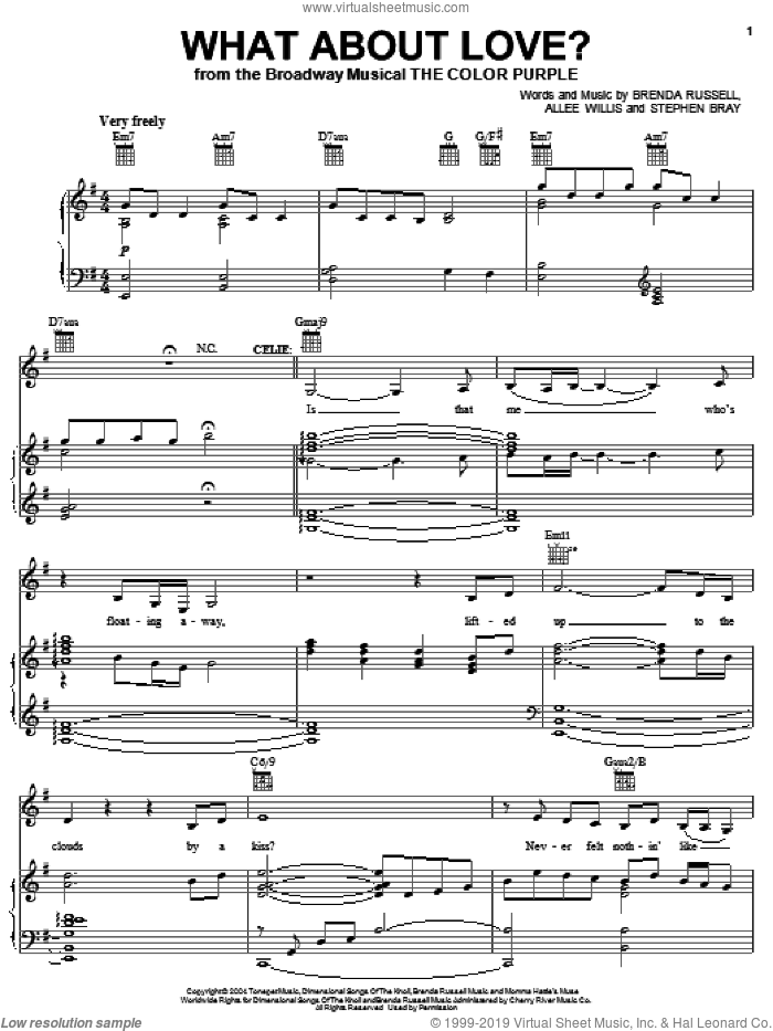 What About Love? sheet music for voice, piano or guitar by The Color Purple (Musical), Allee Willis, Brenda Russell and Stephen Bray, intermediate skill level