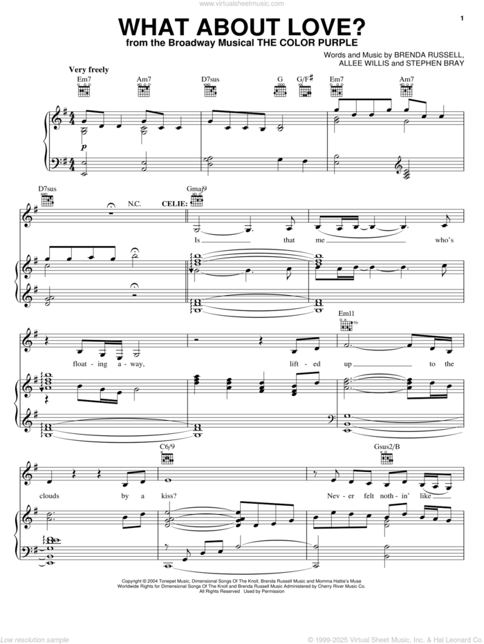 What About Love? sheet music for voice, piano or guitar by The Color Purple (Musical), Allee Willis, Brenda Russell and Stephen Bray, intermediate skill level