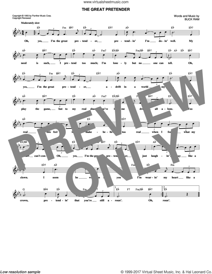 The Great Pretender sheet music for voice and other instruments (fake book) by The Platters and Buck Ram, intermediate skill level