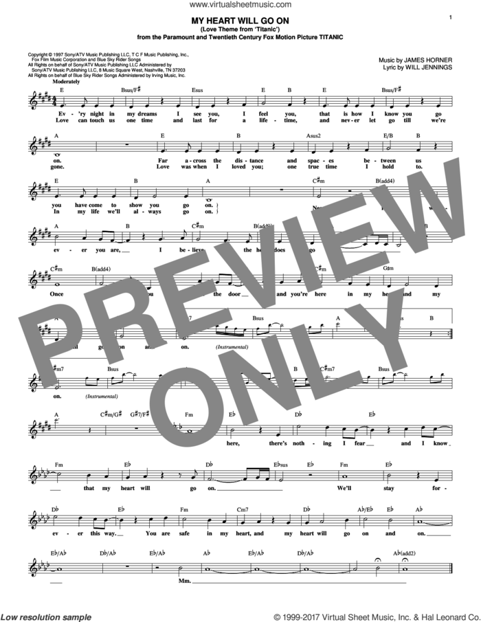 My Heart Will Go On (Love Theme From 'Titanic') sheet music for voice and other instruments (fake book) by Celine Dion, Deja Vu, Deja Vu, Kenny G, James Horner and Will Jennings, wedding score, intermediate skill level