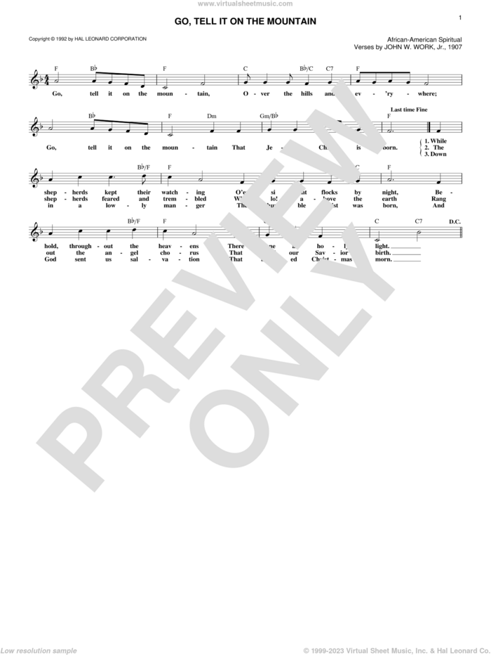 Go, Tell It On The Mountain sheet music for voice and other instruments (fake book) by John W. Work, Jr. and Miscellaneous, intermediate skill level