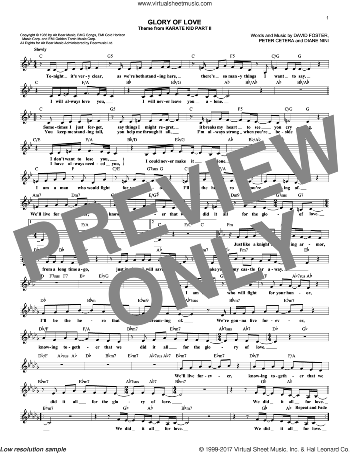 Glory Of Love sheet music for voice and other instruments (fake book) by Peter Cetera, David Foster and Diane Nini, intermediate skill level