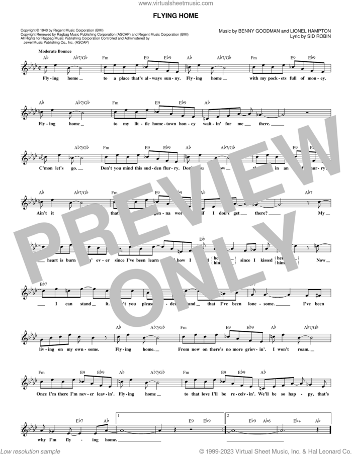 Flying Home sheet music for voice and other instruments (fake book) by Benny Goodman and Lionel Hampton, intermediate skill level