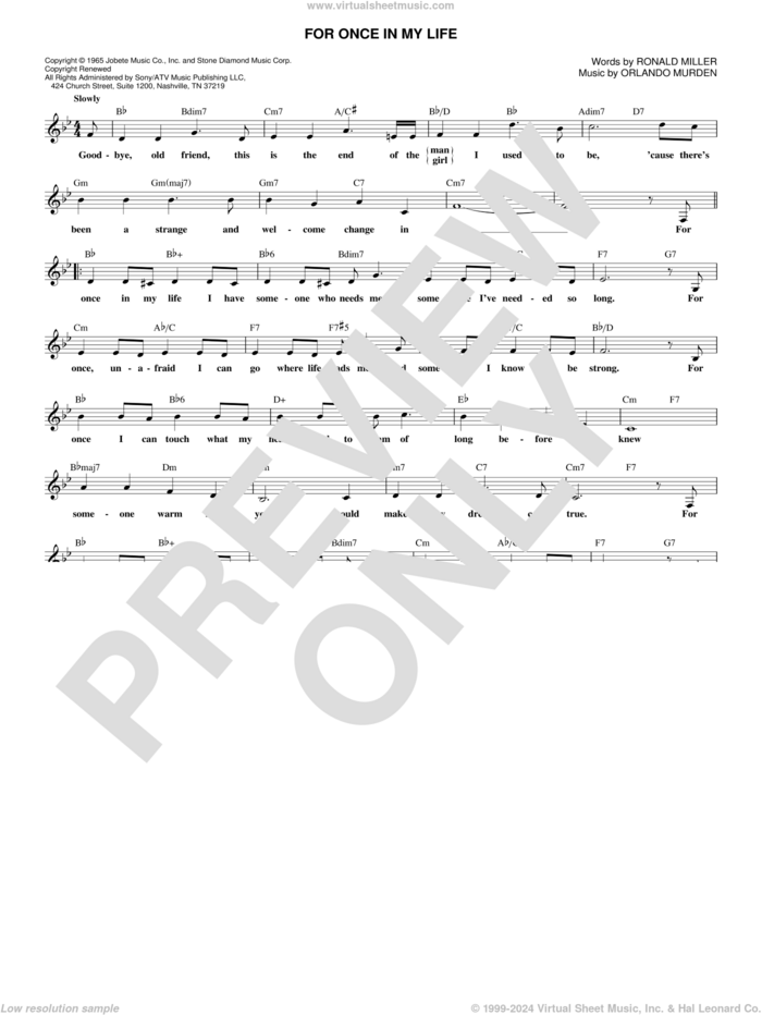 For Once In My Life sheet music for voice and other instruments (fake book) by Stevie Wonder, Orlando Murden and Ron Miller, intermediate skill level