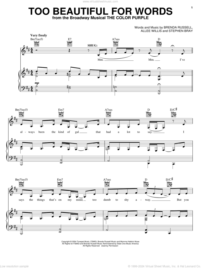 Too Beautiful For Words sheet music for voice, piano or guitar by The Color Purple (Musical), Allee Willis, Brenda Russell and Stephen Bray, intermediate skill level