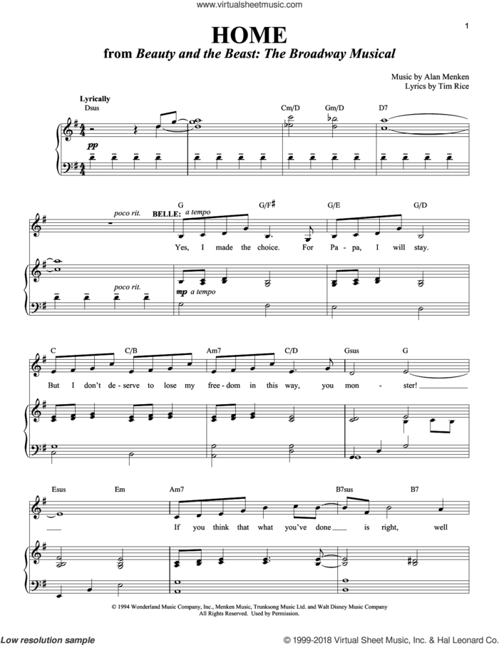 Home (from Beauty and the Beast: The Broadway Musical) sheet music for voice and piano by Alan Menken, Richard Walters and Tim Rice, intermediate skill level