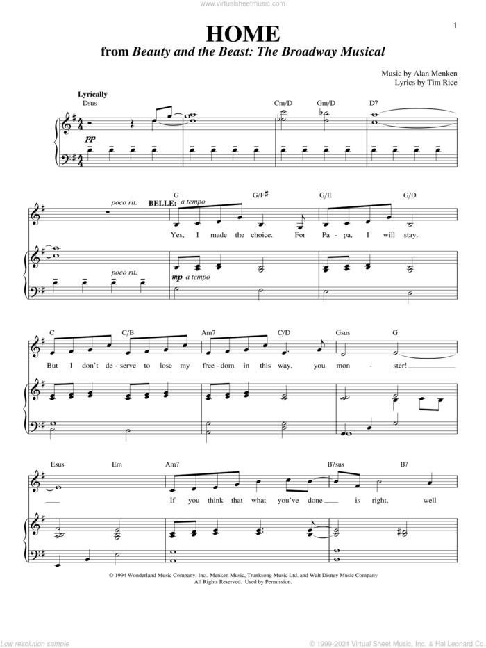 Home (from Beauty and the Beast: The Broadway Musical) sheet music for voice and piano by Alan Menken, Richard Walters and Tim Rice, intermediate skill level