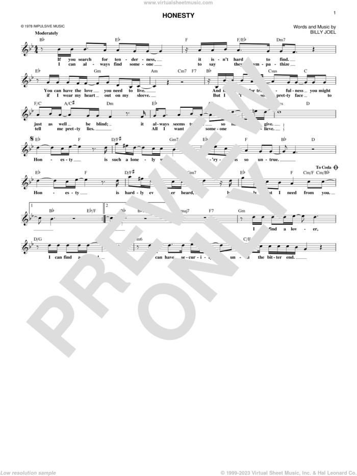 Honesty sheet music for voice and other instruments (fake book) by Billy Joel, intermediate skill level