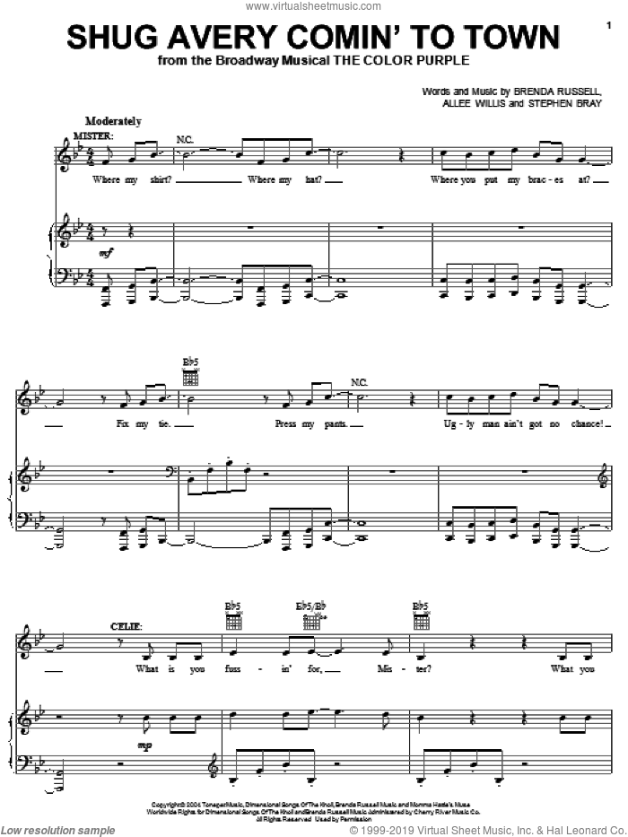 Shug Avery Comin' To Town sheet music for voice, piano or guitar by The Color Purple (Musical), Allee Willis, Brenda Russell and Stephen Bray, intermediate skill level