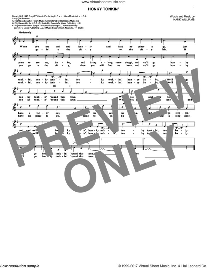 Honky Tonkin' sheet music for voice and other instruments (fake book) by Hank Williams and Hank Williams, Jr., intermediate skill level
