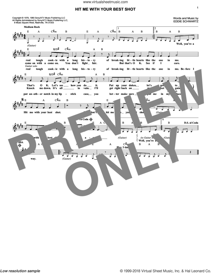 Hit Me With Your Best Shot sheet music for voice and other instruments (fake book) by Pat Benatar and Eddie Schwartz, intermediate skill level