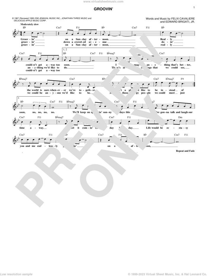 Groovin' sheet music for voice and other instruments (fake book) by Young Rascals, Edward Brigati Jr. and Felix Cavaliere, intermediate skill level
