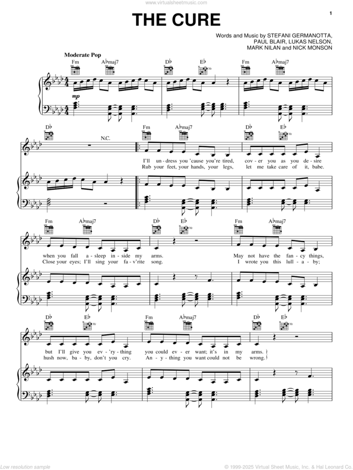 The Cure sheet music for voice, piano or guitar by Lady Gaga, Lukas Nelson, Mark Nilan, Nick Monson and Paul Blair, intermediate skill level