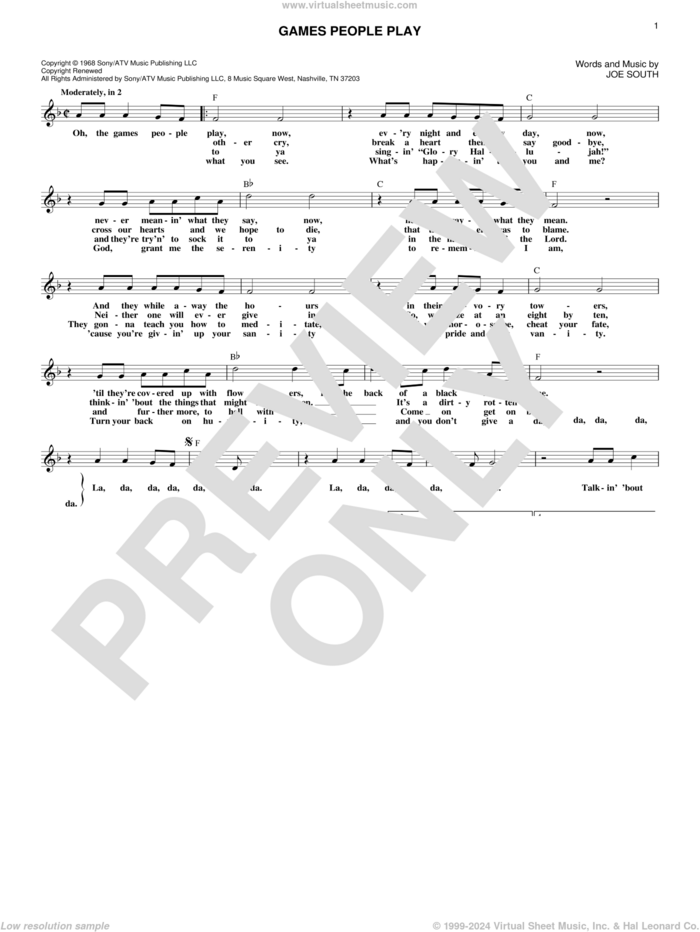 Games People Play sheet music for voice and other instruments (fake book) by Joe South, intermediate skill level