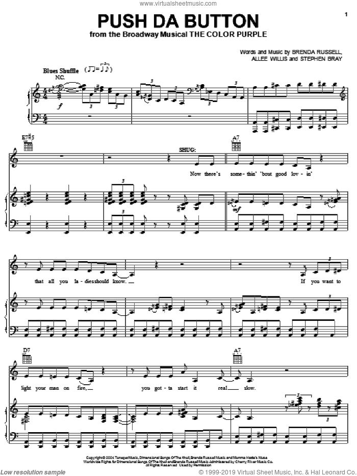 Push Da Button sheet music for voice, piano or guitar by The Color Purple (Musical), Allee Willis, Brenda Russell and Stephen Bray, intermediate skill level