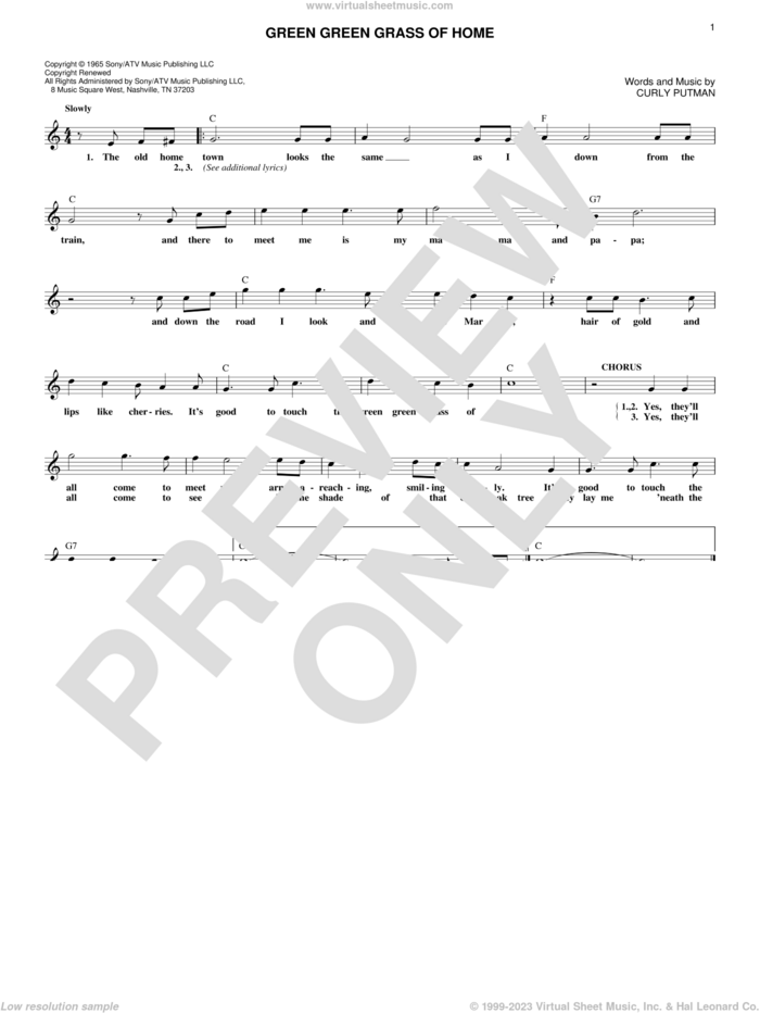 Green Green Grass Of Home sheet music for voice and other instruments (fake book) by Curly Putman, Elvis Presley, Porter Wagoner and Tom Jones, intermediate skill level