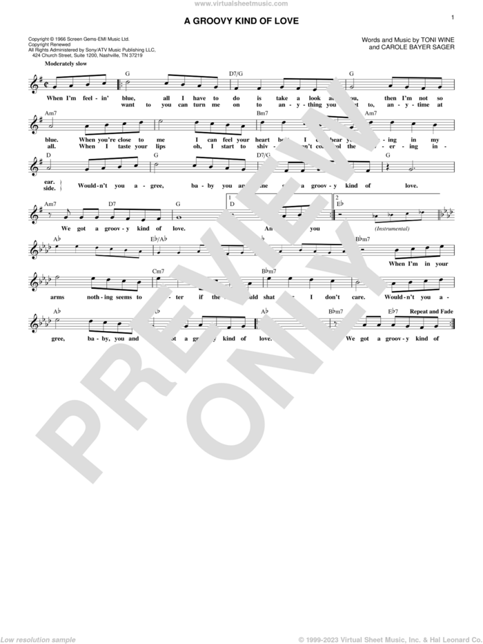 A Groovy Kind Of Love sheet music for voice and other instruments (fake book) by Phil Collins, The Mindbenders, Carole Bayer Sager and Toni Wine, intermediate skill level