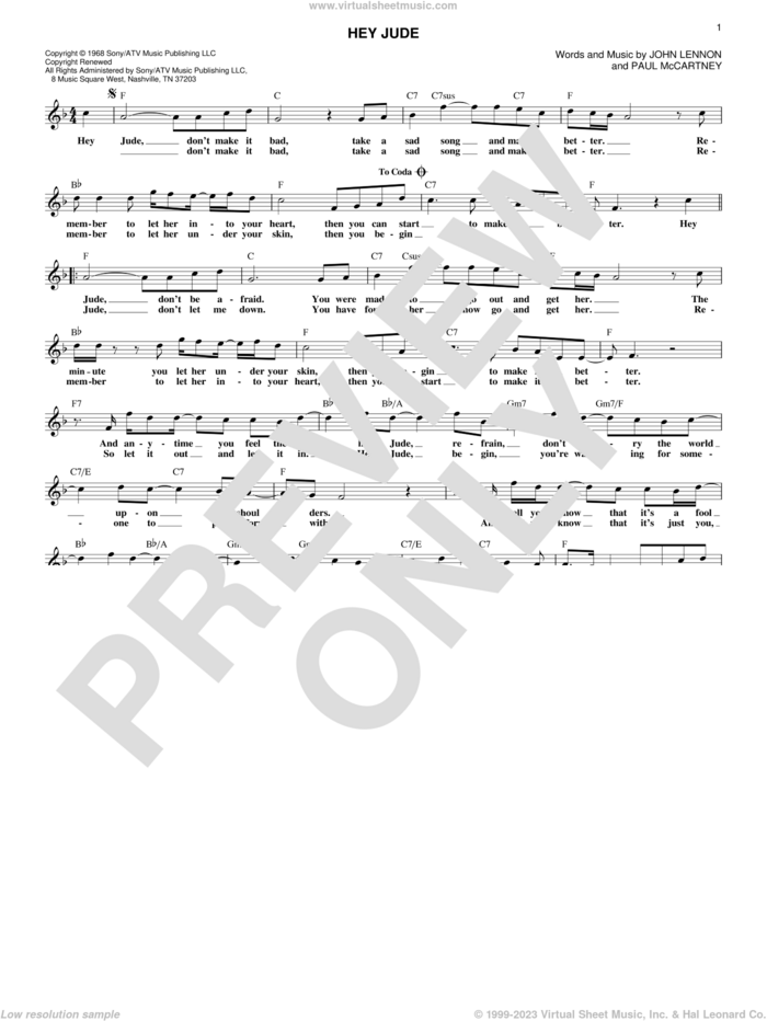 Hey Jude sheet music for voice and other instruments (fake book) by The Beatles, John Lennon and Paul McCartney, intermediate skill level