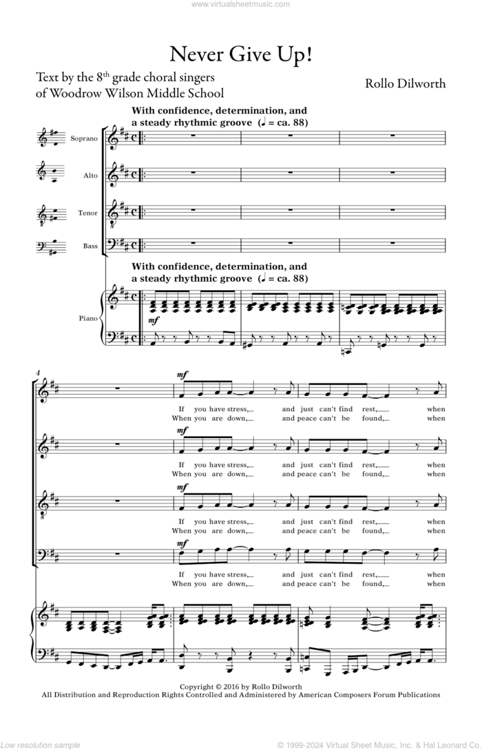 Never Give Up! sheet music for choir (SATB: soprano, alto, tenor, bass) by Rollo Dilworth, 8th grade choral singers of Woodrow Wilson Middle School and ChoralQuest, intermediate skill level