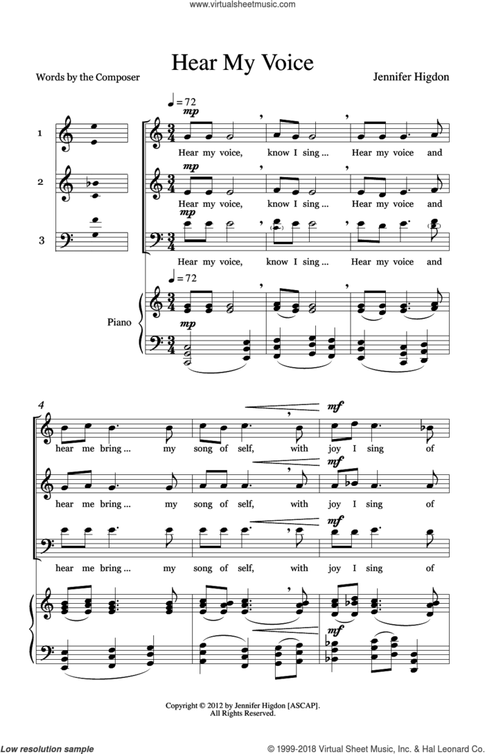 Hear My Voice sheet music for choir (3-Part Mixed) by Jennifer Higdon and ChoralQuest, intermediate skill level