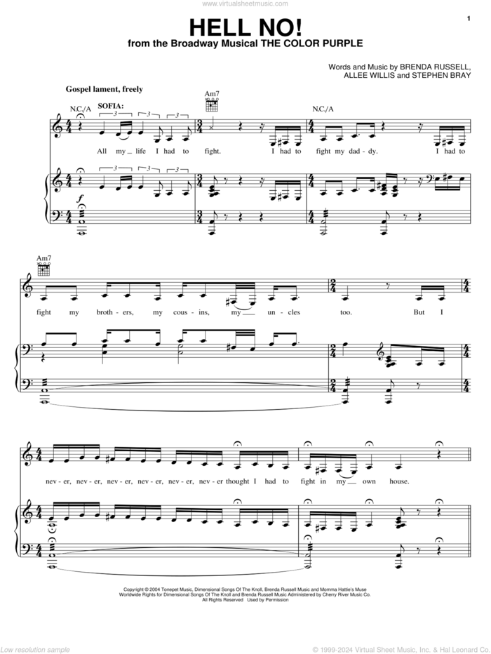 Hell No! sheet music for voice, piano or guitar by The Color Purple (Musical), Allee Willis, Brenda Russell and Stephen Bray, intermediate skill level