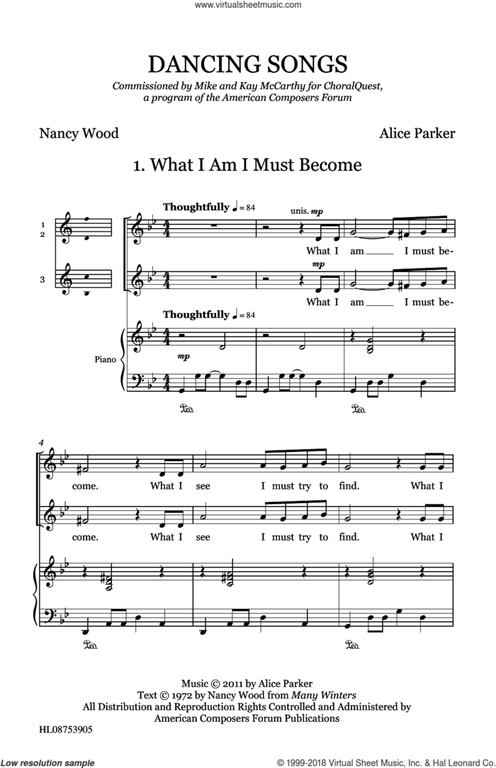 Dancing Songs sheet music for choir (SSA: soprano, alto) by Alice Parker, ChoralQuest and Nancy Wood, intermediate skill level