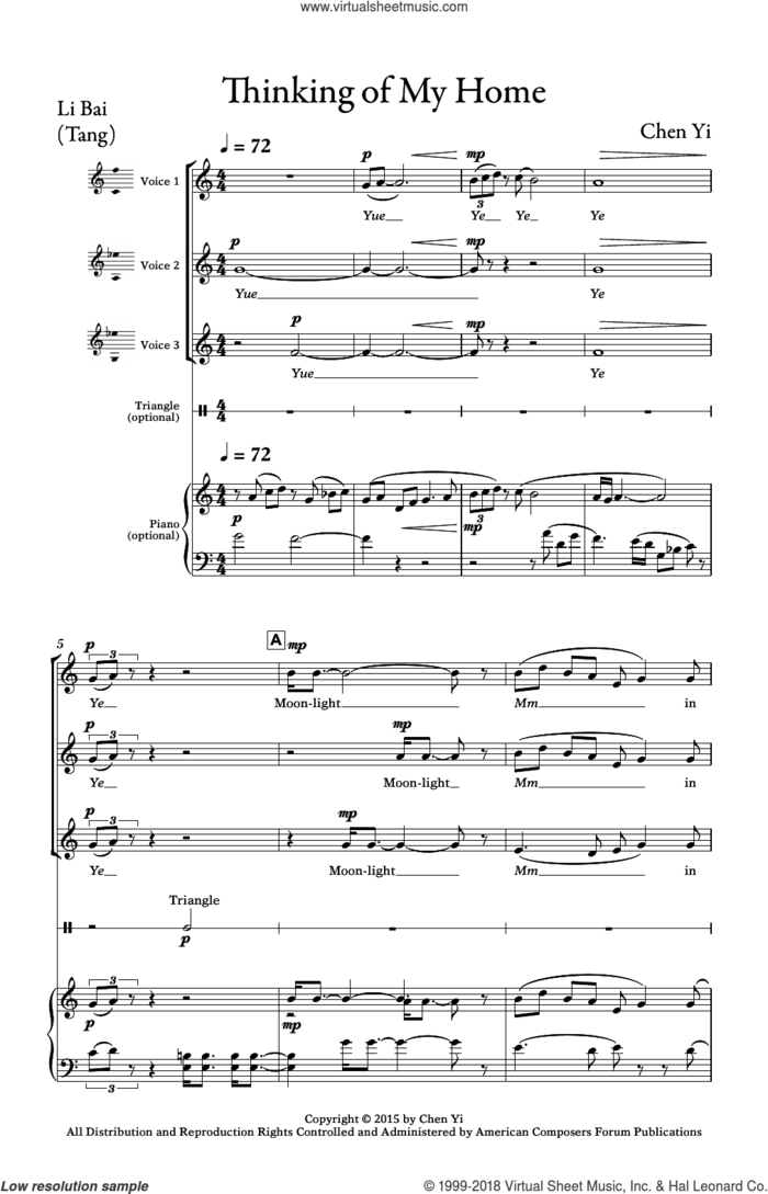 Thinking of My Home sheet music for choir (3-Part Treble) by Chen Yi, ChoralQuest and Li Bai, intermediate skill level