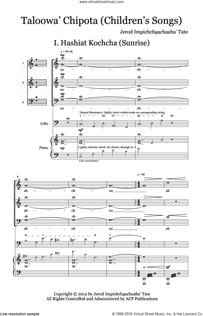 Taloowa' Chipota (Children's Songs) sheet music for choir (3-Part Mixed , Cello, and Piano) by Jerod Impichchaachaaha' Tate and ChoralQuest, intermediate skill level