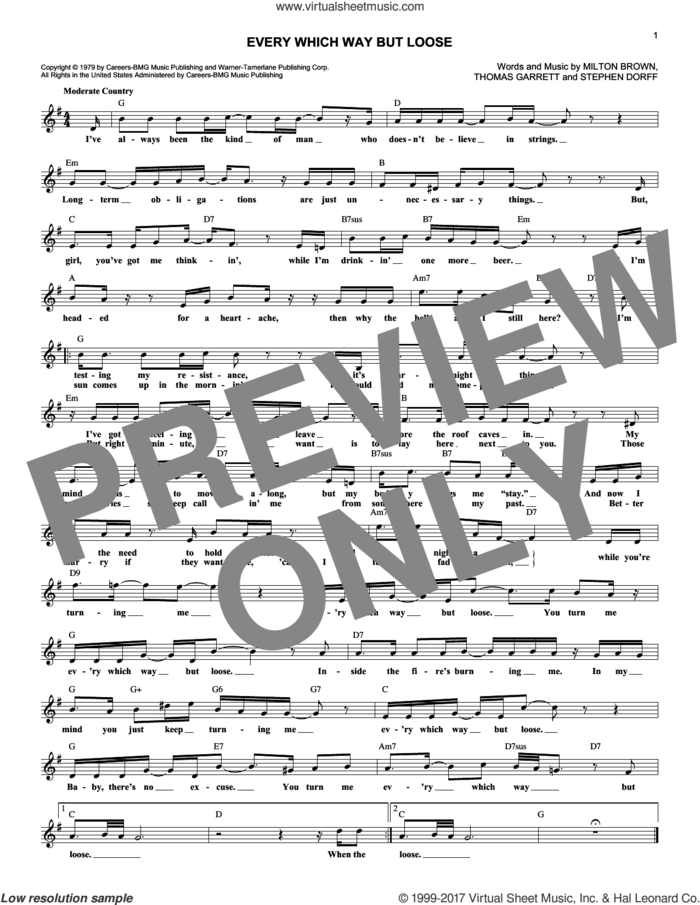 Every Which Way But Loose sheet music for voice and other instruments (fake book) by Eddie Rabbit, Milton Brown, Snuff Garrett and Steve Dorff, intermediate skill level