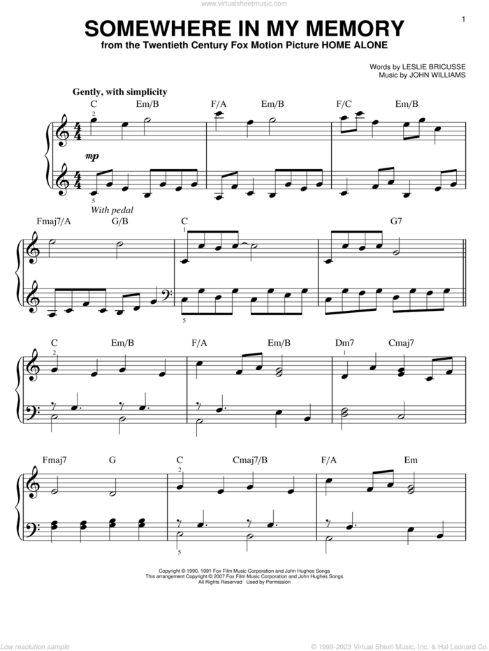 Somewhere In My Memory sheet music for piano solo by John Williams, Bette Midler and Leslie Bricusse, easy skill level