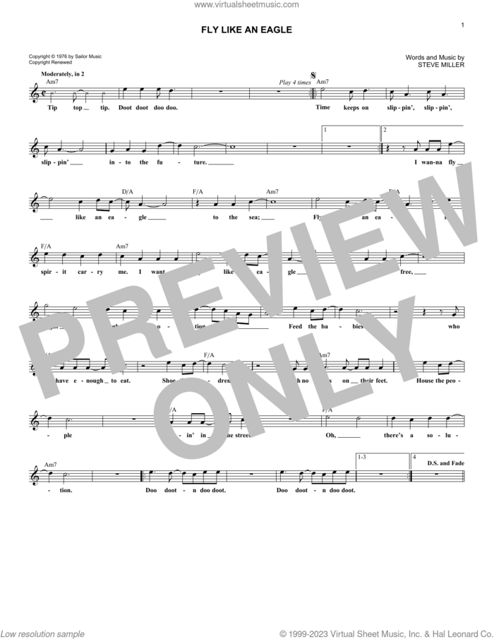 Fly Like An Eagle sheet music for voice and other instruments (fake book) by Steve Miller Band, Manuel Seal and Steve Miller, intermediate skill level