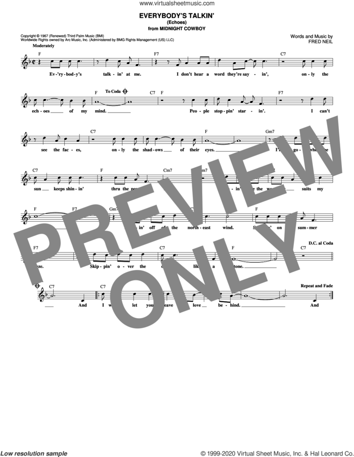 Everybody's Talkin' (Echoes) sheet music for voice and other instruments (fake book) by Harry Nilsson and Fred Neil, intermediate skill level