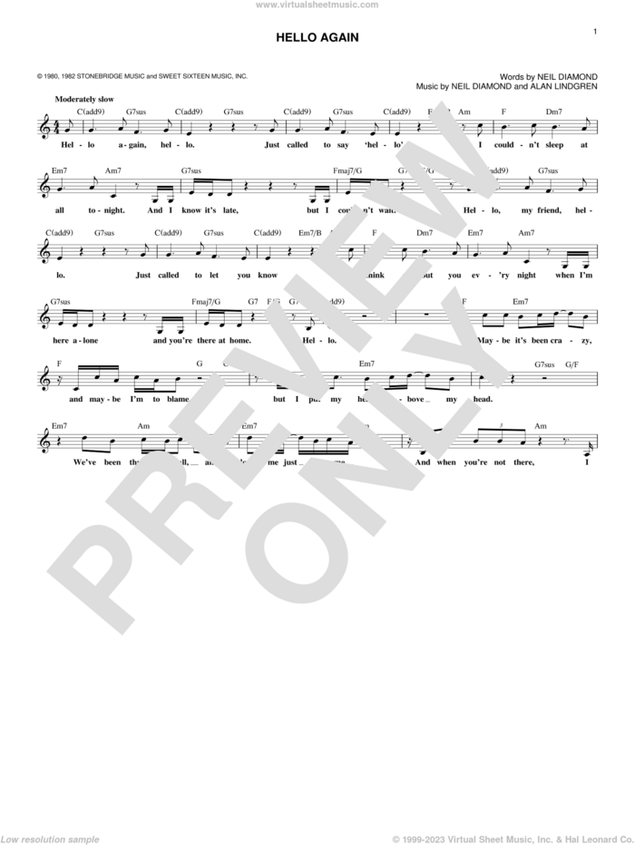 Hello Again sheet music for voice and other instruments (fake book) by Neil Diamond and Alan Lindgren, intermediate skill level