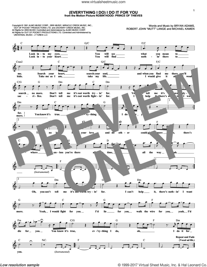 (Everything I Do) I Do It For You sheet music for voice and other instruments (fake book) by Bryan Adams, Michael Kamen and Robert John Lange, intermediate skill level