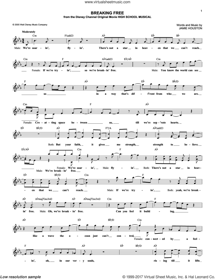 Breaking Free (from High School Musical) sheet music for voice and other instruments (fake book) by Jamie Houston and Zac Efron and Vanessa Anne Hudgens, intermediate skill level
