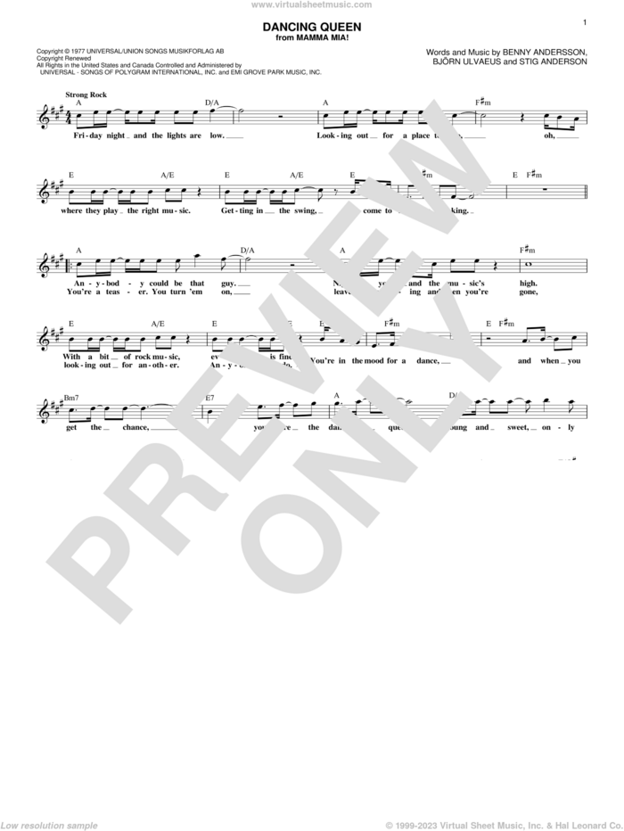 Dancing Queen sheet music for voice and other instruments (fake book) by ABBA, Benny Andersson, Bjorn Ulvaeus and Stig Anderson, intermediate skill level